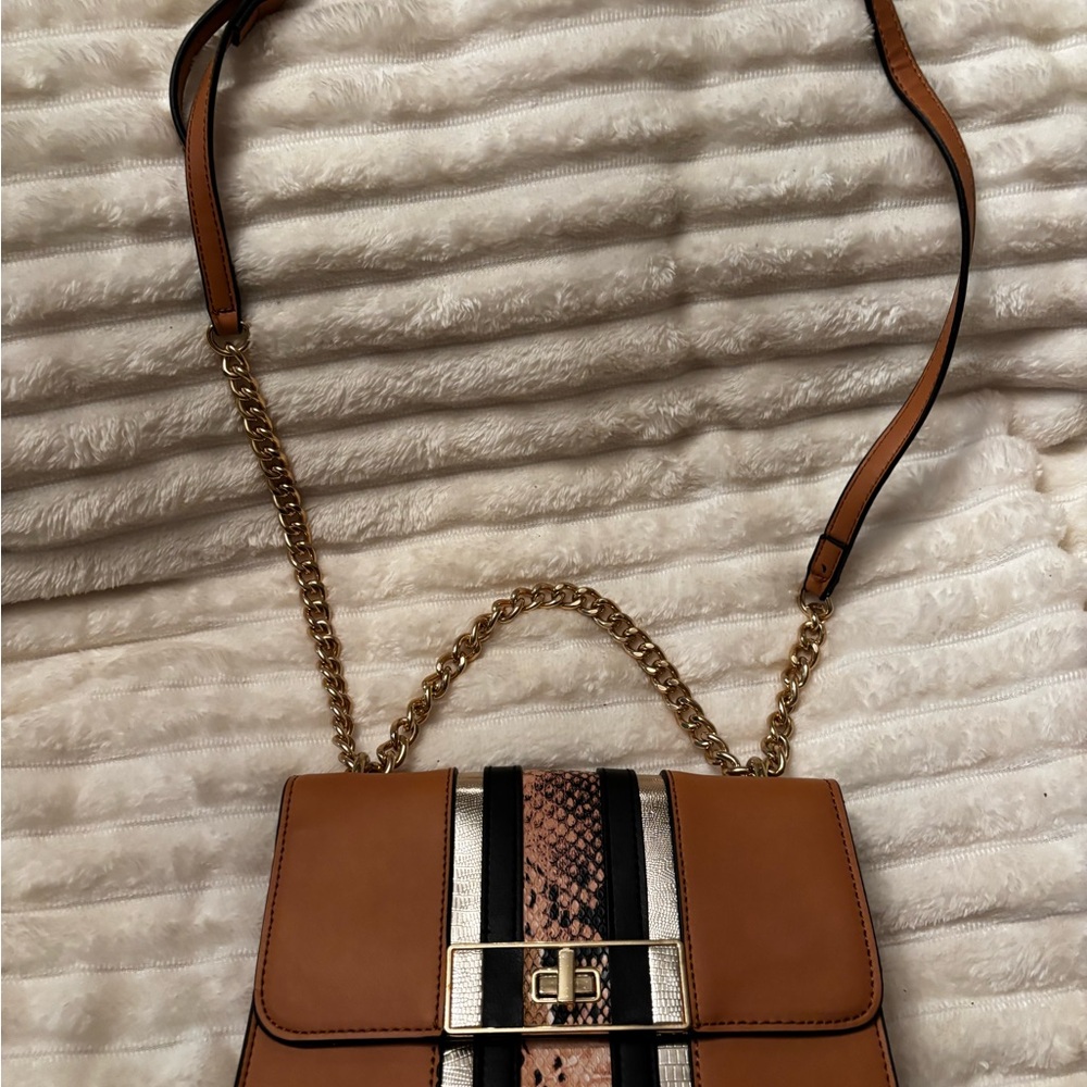 Aldo Tan Crossbody with Gold Chain and Snake-Print Accent